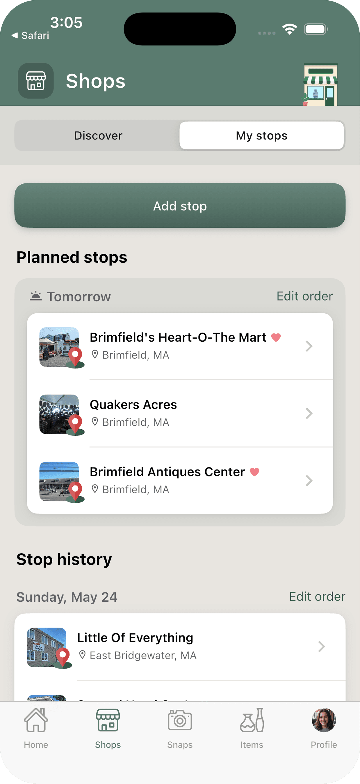 The Trésora hunt planner listing planned shop stops for tomorrow