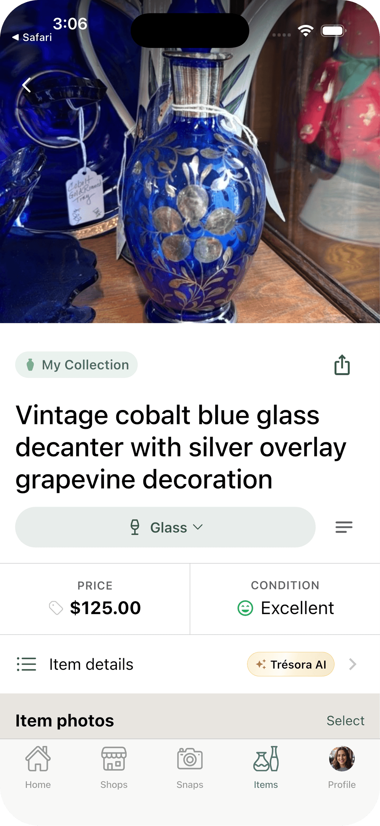 Item detail for a vintage cobalt blue glass decanter in a Trésora collection