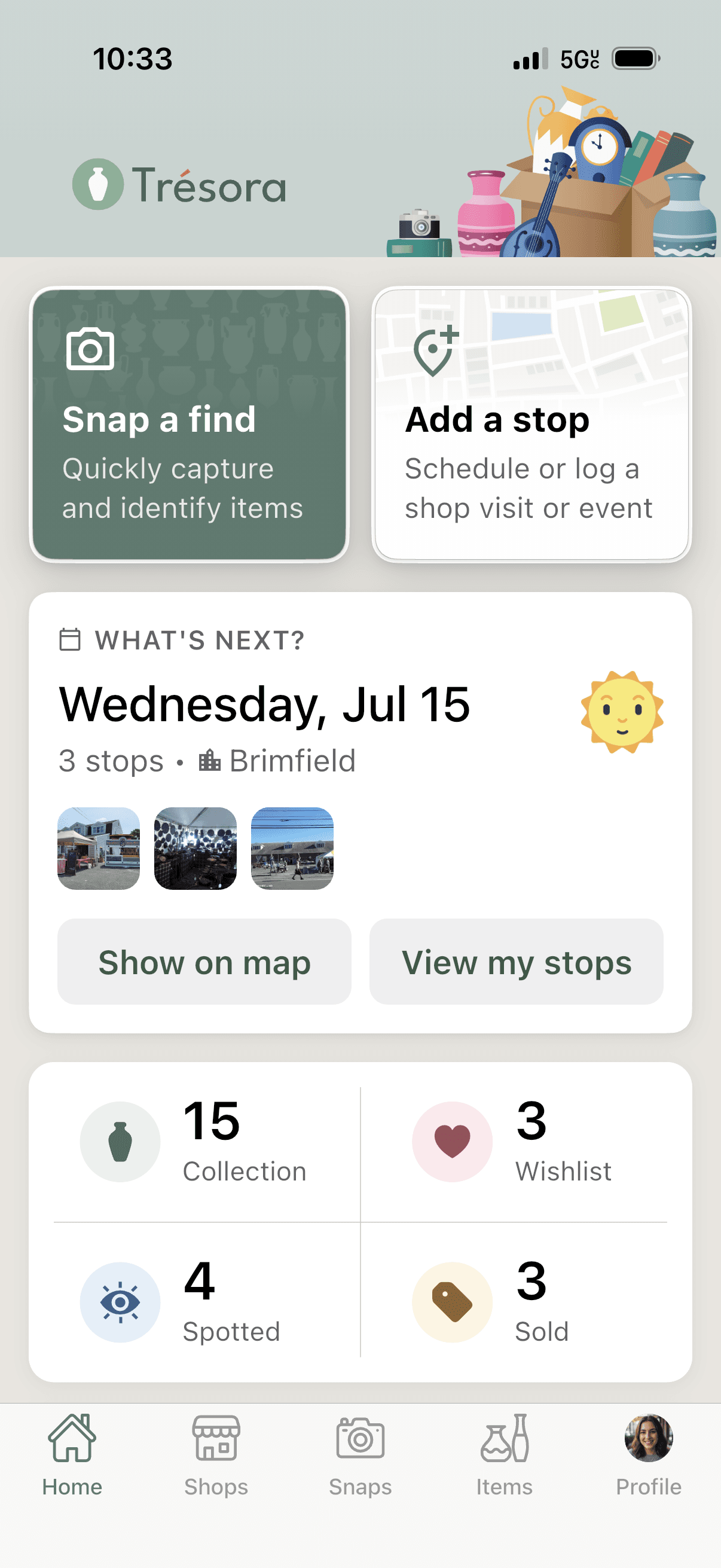 The Trésora home screen — quick actions, the day's planned stops, and collection stats
