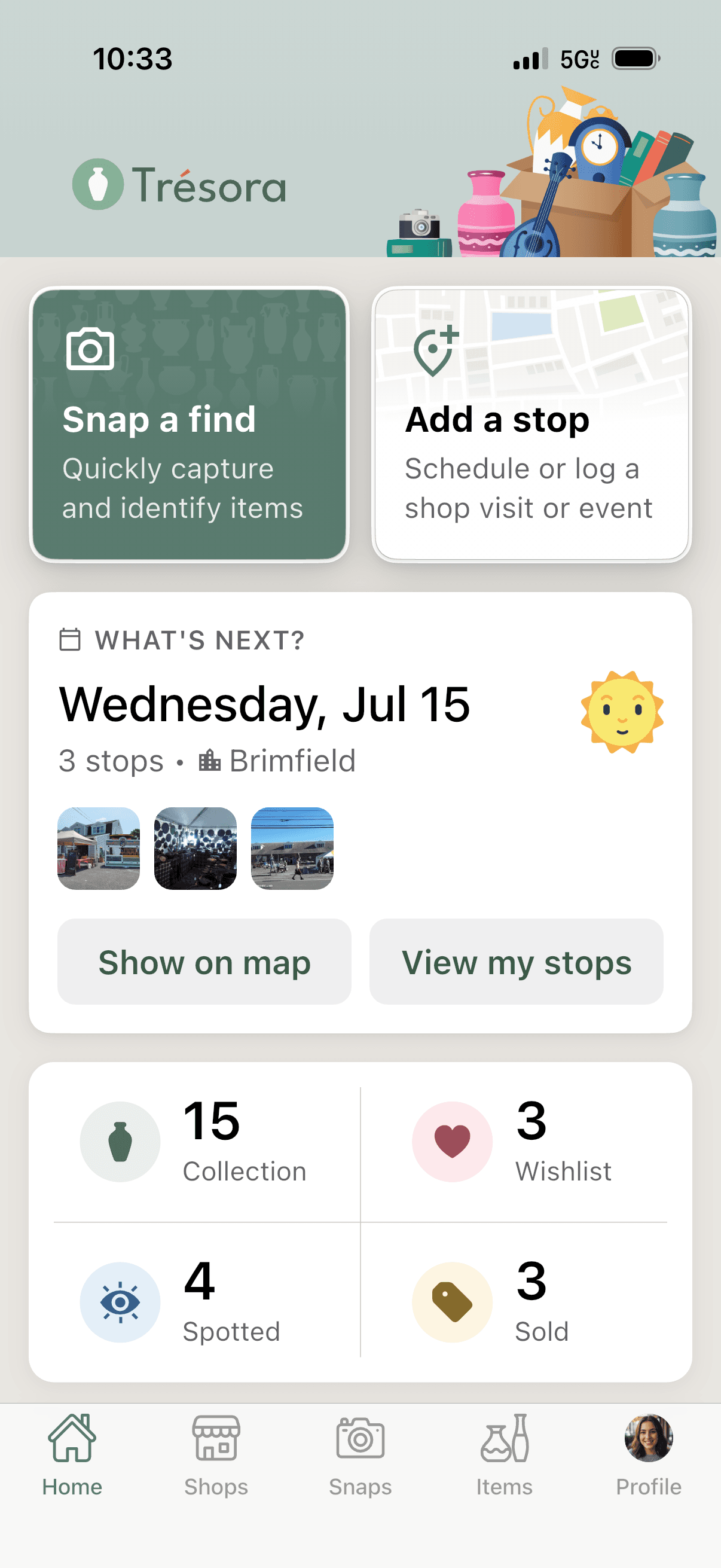 The Trésora home screen — quick actions, the day's planned stops, and collection stats