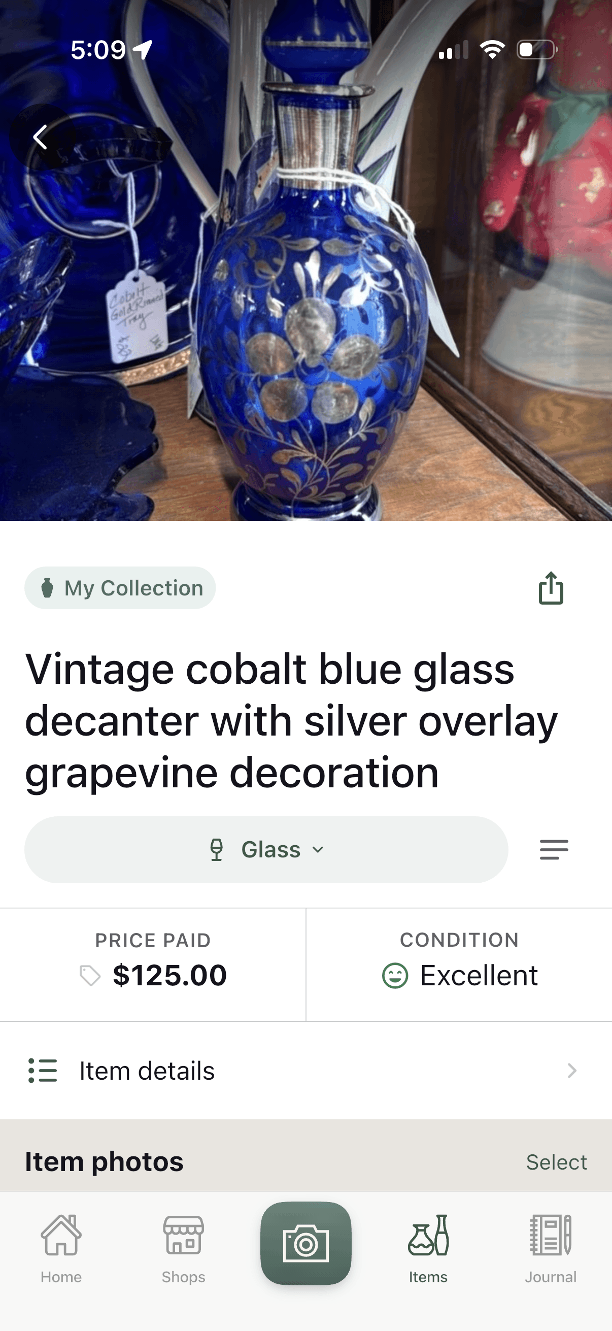Item detail for a vintage cobalt blue glass decanter in a Trésora collection