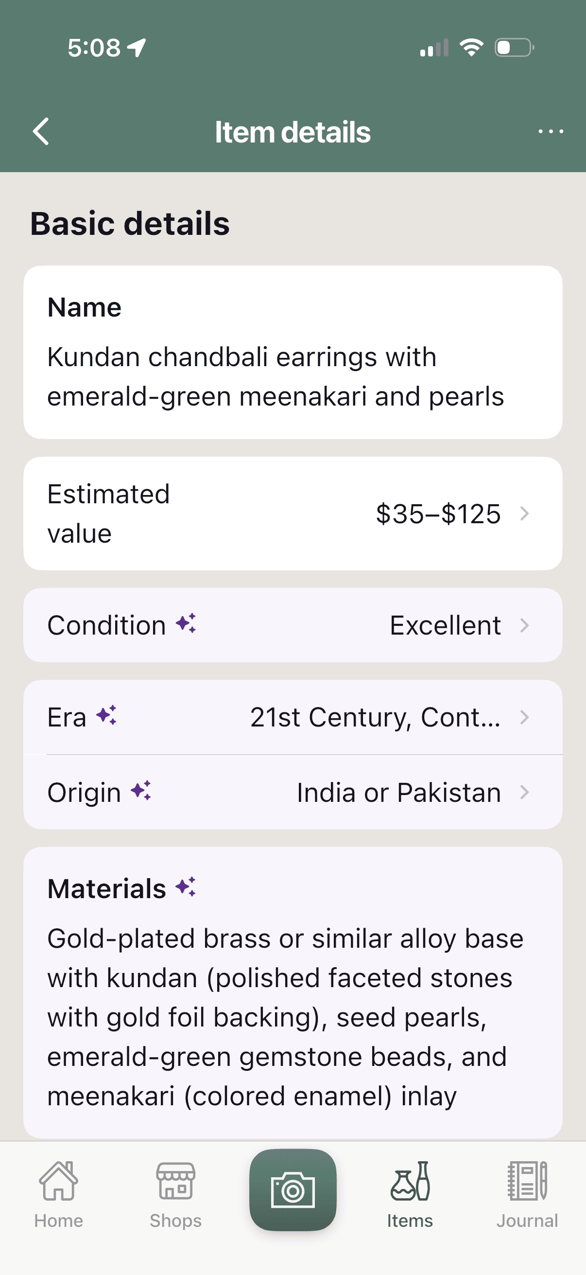 Trésora AI filling in condition, era, origin, and materials for a pair of kundan earrings