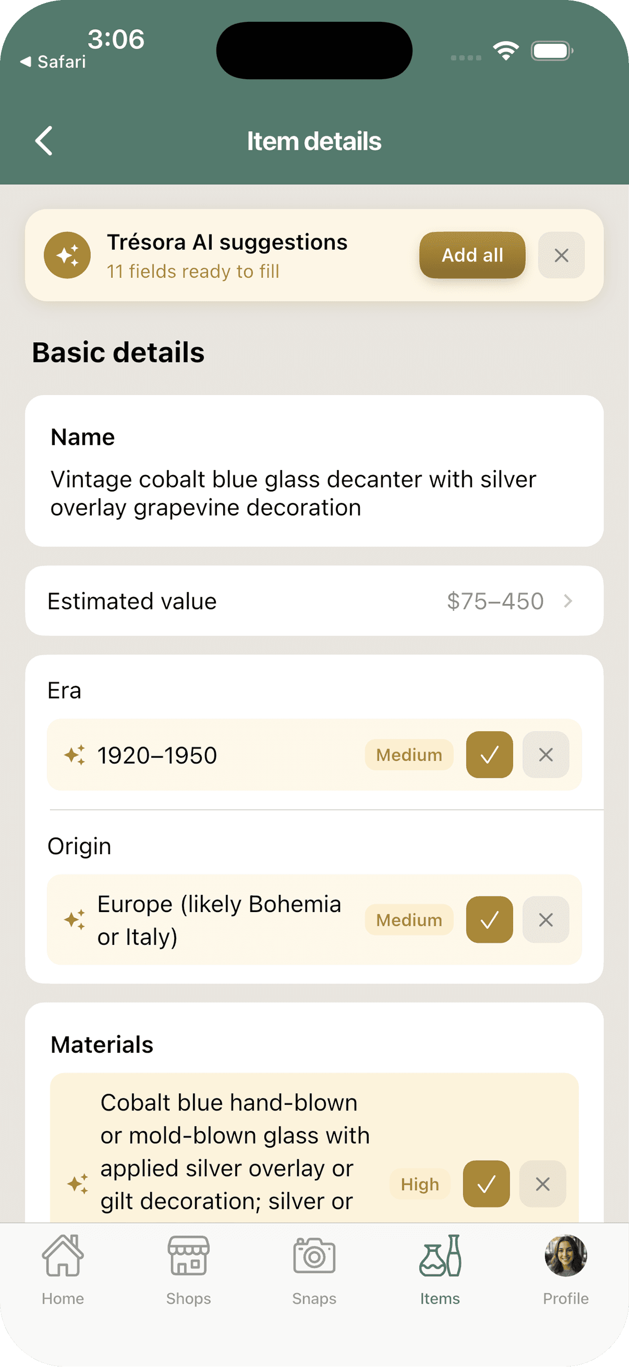 Trésora AI suggestions filling in structured details for a collected item