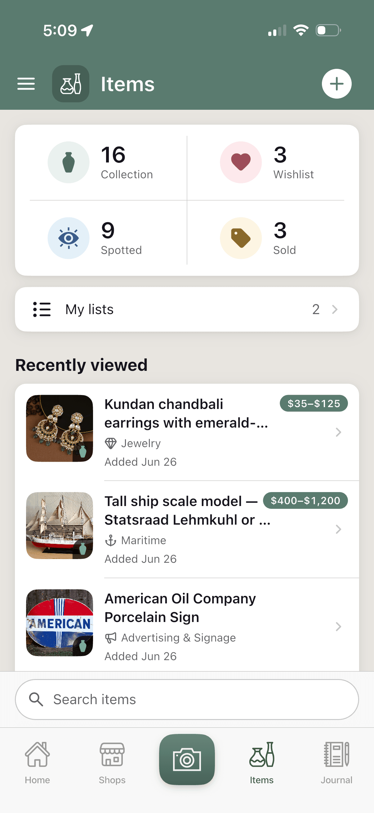The Trésora items screen showing collection, wishlist, spotted, and sold counts