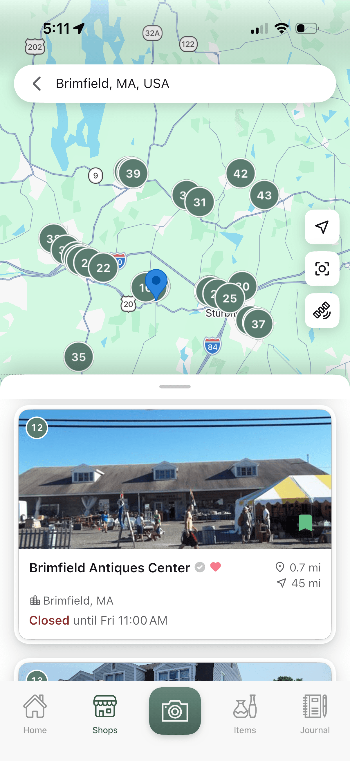 Trésora map showing dozens of antique shops near Brimfield, Massachusetts